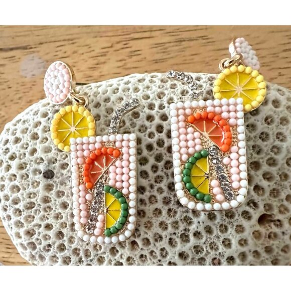 Tropical Cocktail Earrings Beaded Dangle Posts Lemon Lime Cruise Island … - Picture 4 of 12